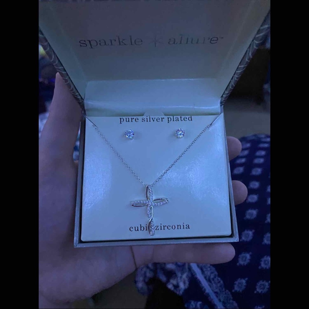 Silver Plated Cross Necklace & Earrings